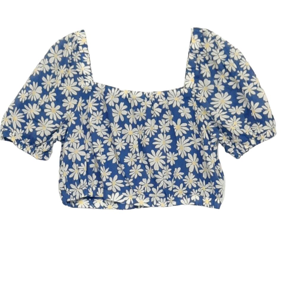 NWT American Eagle Crop Top Sz XL Blue Daisy Print Puff Sleeves Square Neck